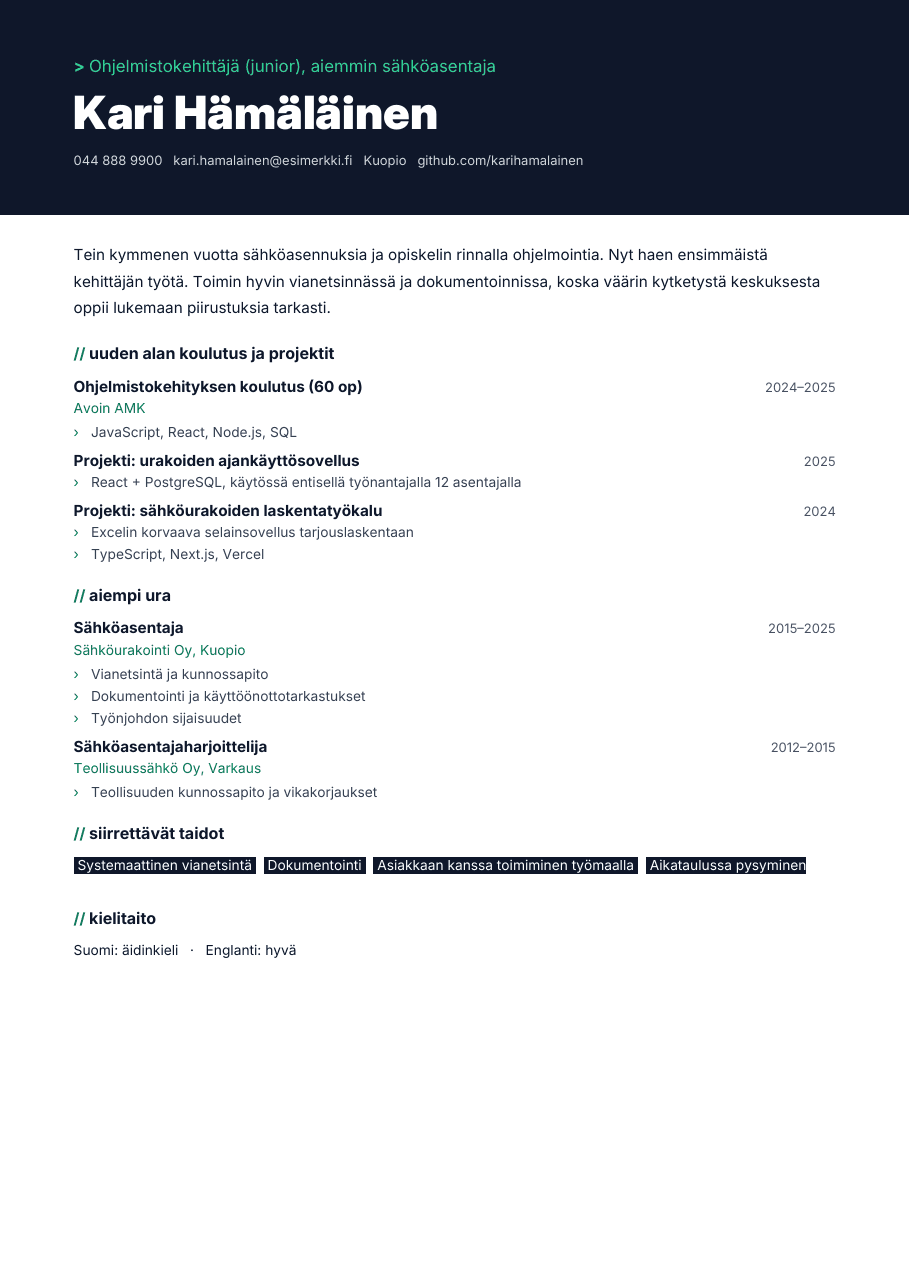 Koodi-CV-pohja (Alanvaihtajan CV), esikatselu