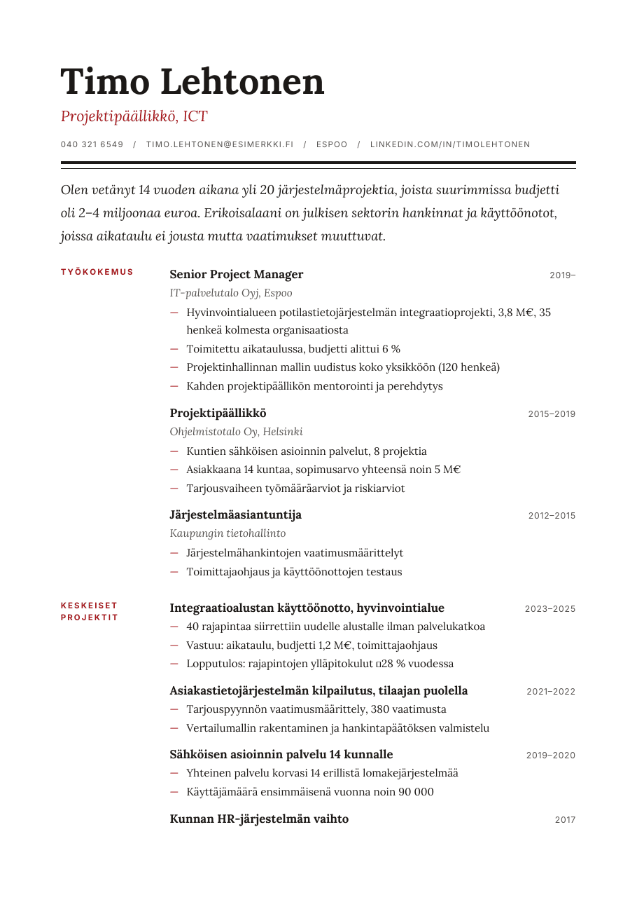 Lehti-CV-pohja (Asiantuntijan kaksisivuinen CV), esikatselu