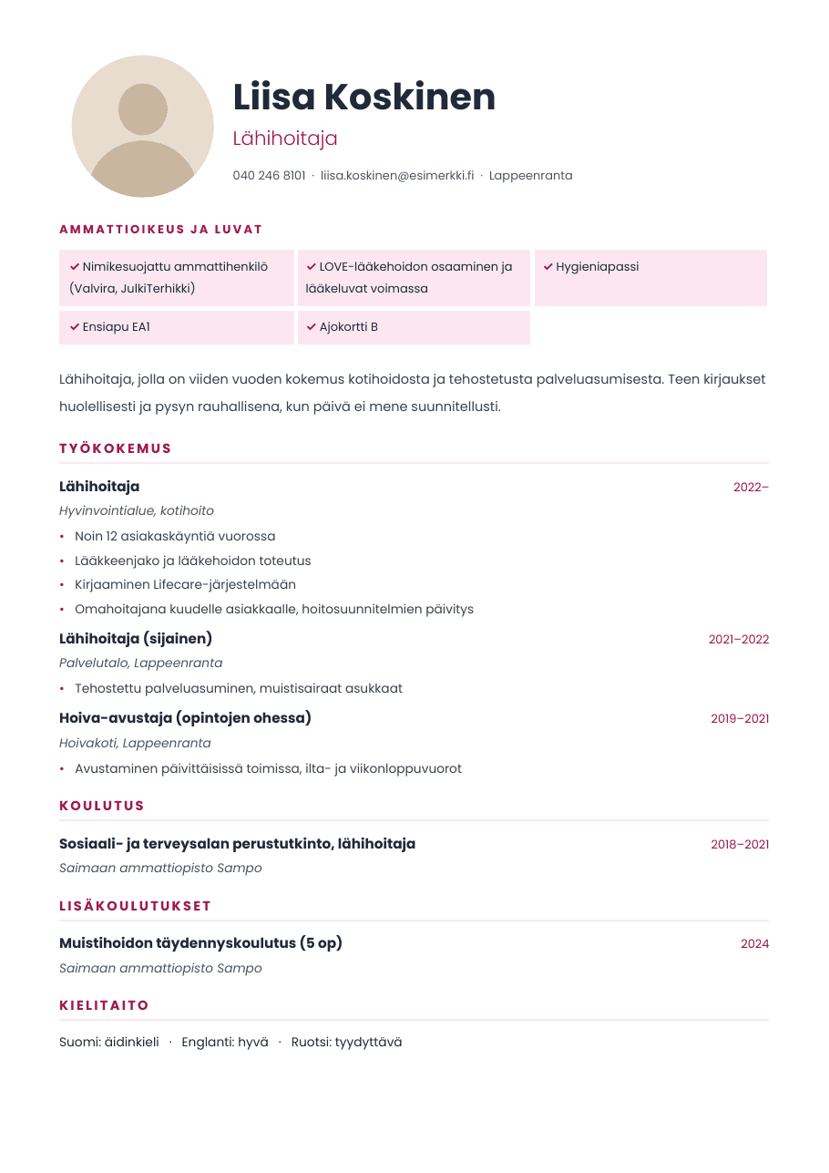 Hoiva-CV-pohja (Hoitoalan CV), esikatselu