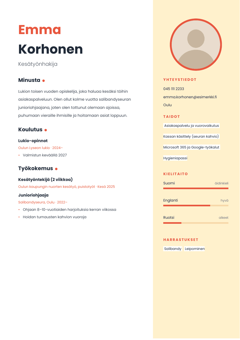 Kesä-CV-pohja (Kesätyö-CV), esikatselu
