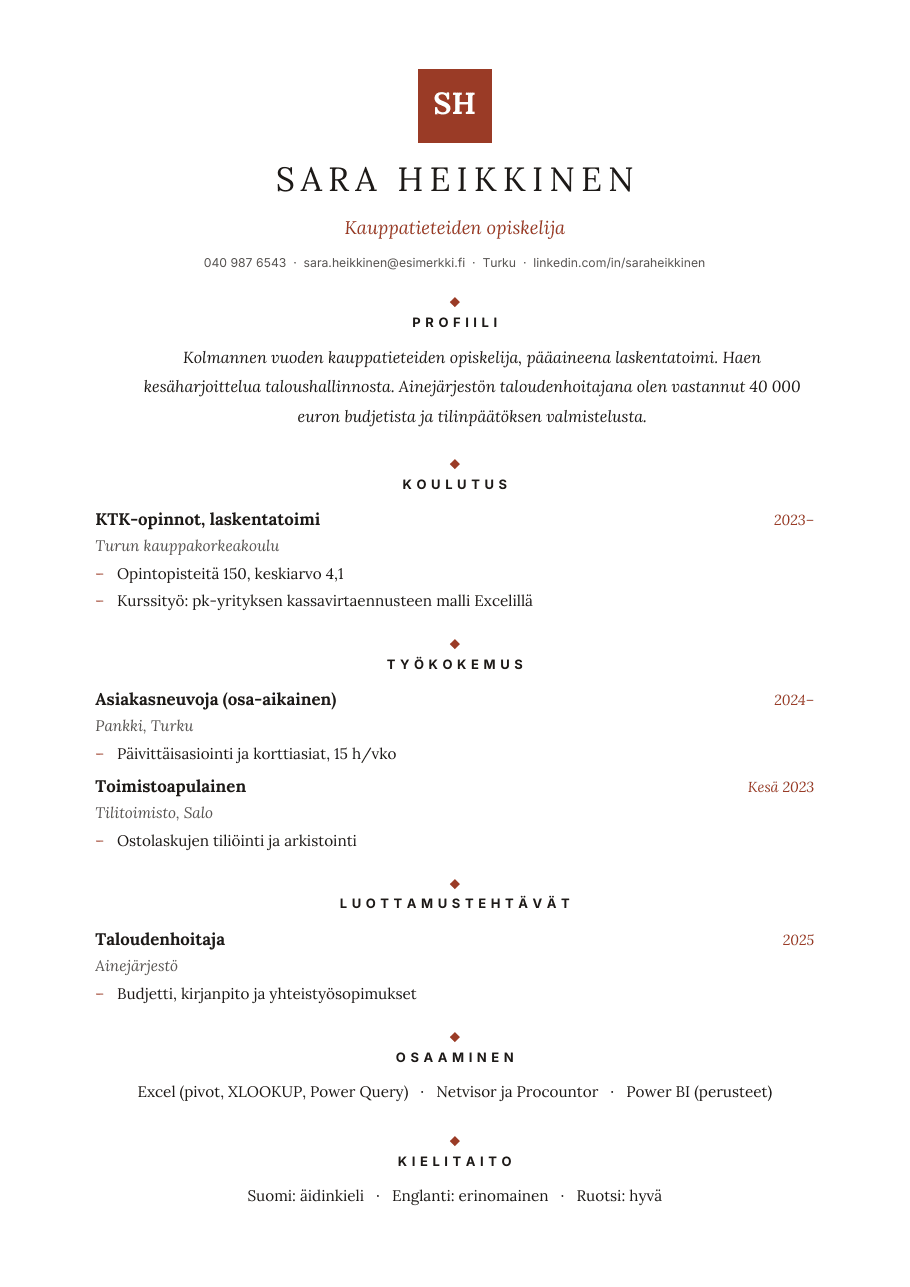 Monogrammi-CV-pohja (Opiskelijan CV), esikatselu